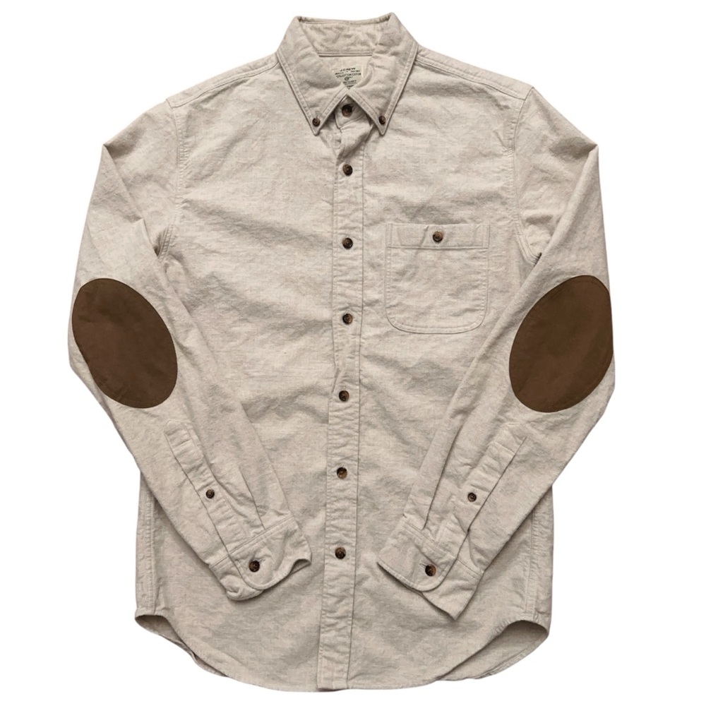J.Crew Work Shirt Mens Size S Long Sleeve Flannel Elbow Patch Pocket Beige
